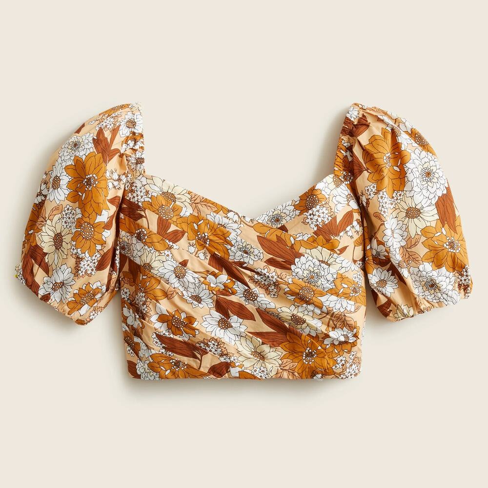 J. Crew Brown Zinnia Floral Retro Puff Sleeve Cropped Smocked Top Medium - Picture 1 of 6